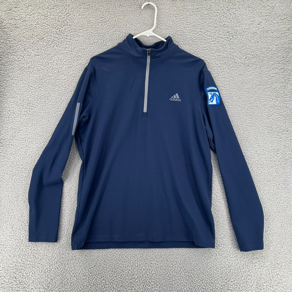 ADIDAS Golf Sweatshirt Mens‎ Large Blue 1/4 Zip AIRBORNE Logo Stretch READ